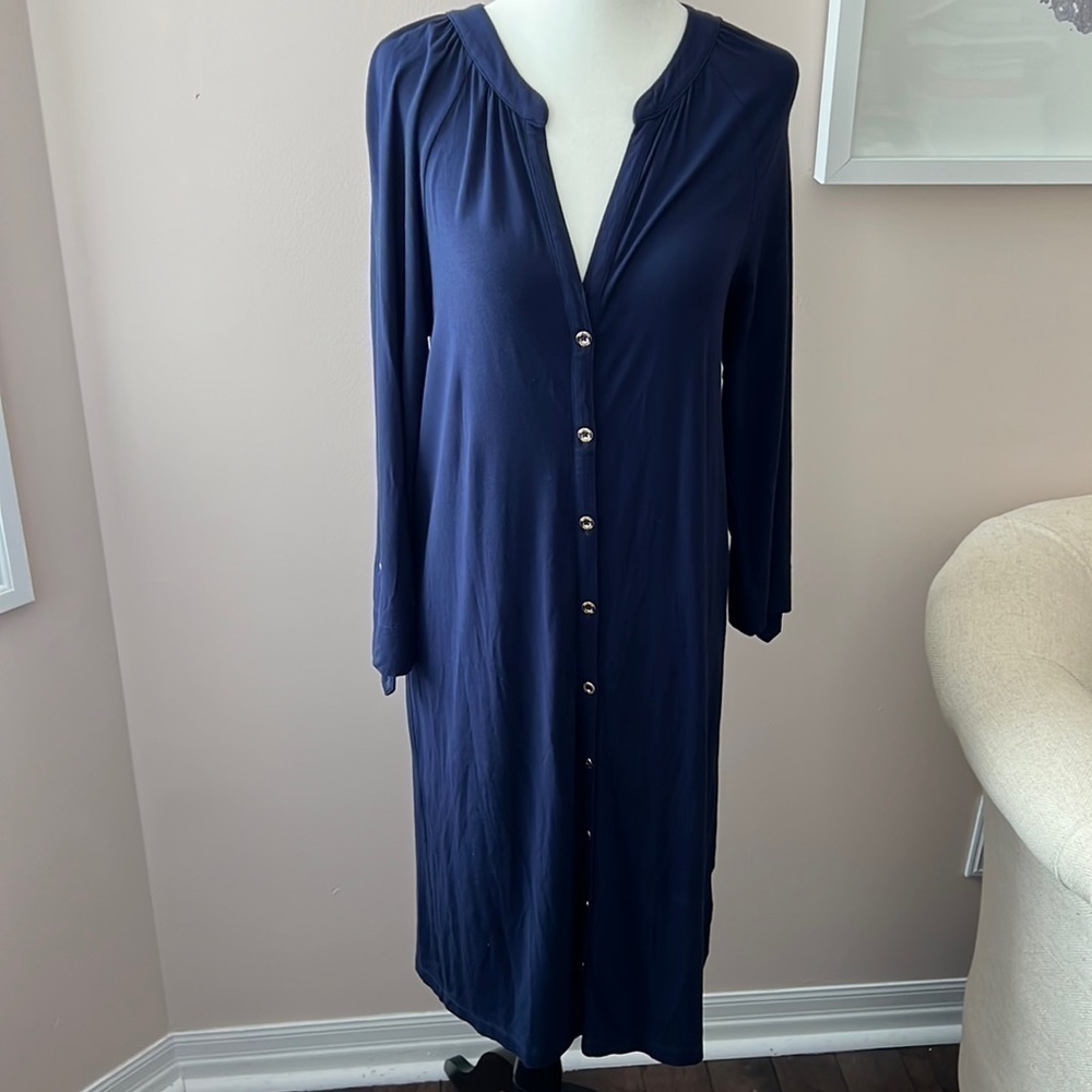 𝅺LILY Pulitzer l Bailor True Navy Button Front V-Neck Roll Tab Sleeve Dress